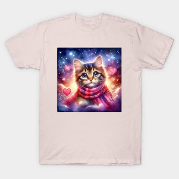 Cute cat wearing a red scarf in valentine day T-Shirt by  El-Aal